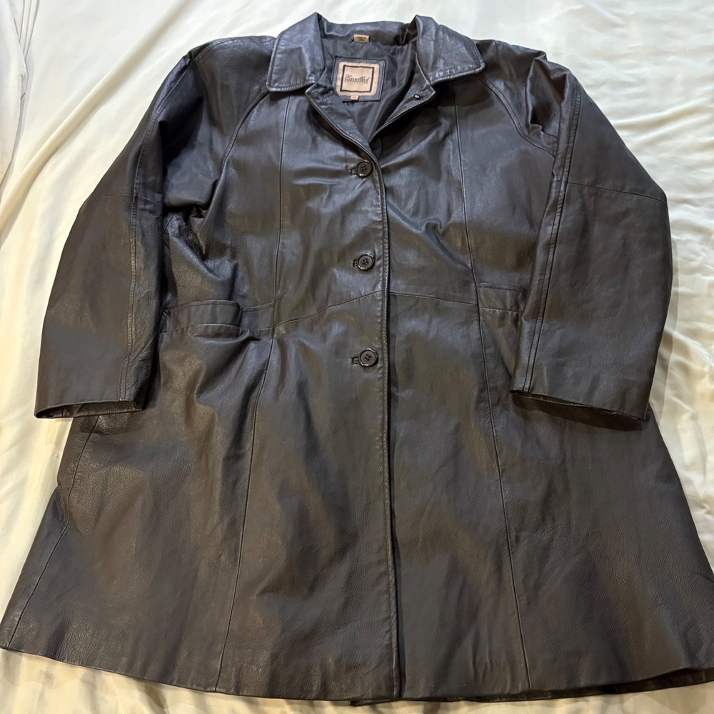 Excelled Collection Womens 1XL Brown Leather Button‎ Front Trench Coat Jacket